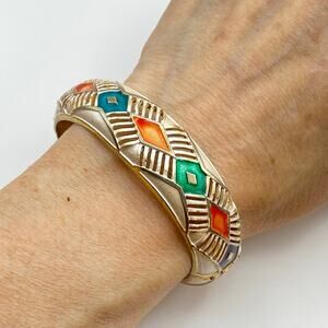 Vintage PARK LANE Enamel Cuff Bracelet Clamper Open Wire Deco Style Green Orange